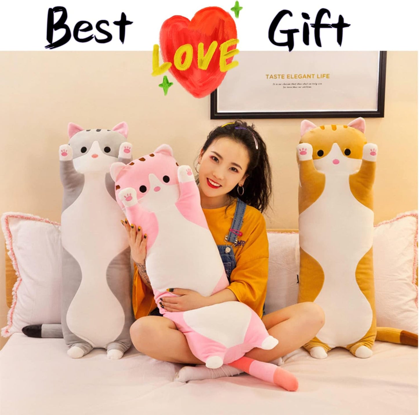 Soft Cat Plush Pillow Long Stuffed Animals Sleeping Pillow Cotton Kitten Pillow Cute Long Body Pillow Gift for Kids Girlfriend (27.6Inch/70Cm,Yellow)