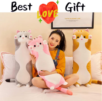 Soft Cat Plush Pillow Long Stuffed Animals Sleeping Pillow Cotton Kitten Pillow Cute Long Body Pillow Gift for Kids Girlfriend (27.6Inch/70Cm,Yellow)