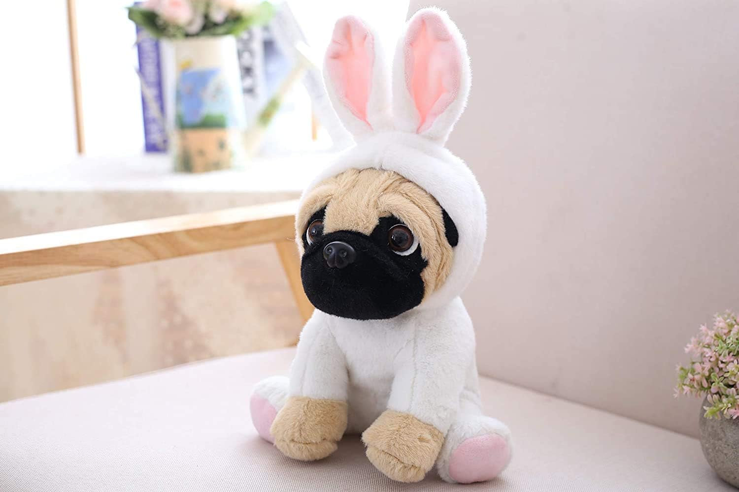 Pug Dog Stuffed Animal in White Bunny Rabbit Costume Adorable Plushies Pug Wearing Bunny Rabbit Outfit Plush Toys as Great Gift for Kids Stuffed Puppy Animals 12 Inch