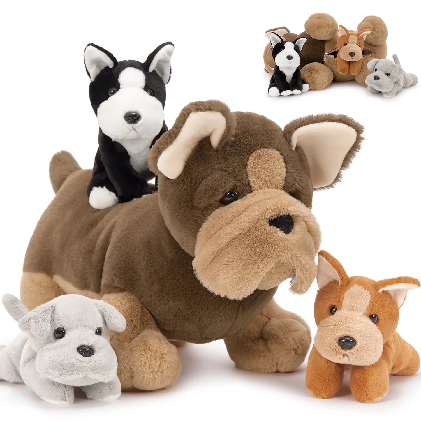 18" Bulldog Stuffed Animal Mommy Dog with 3 Baby Plush Toys