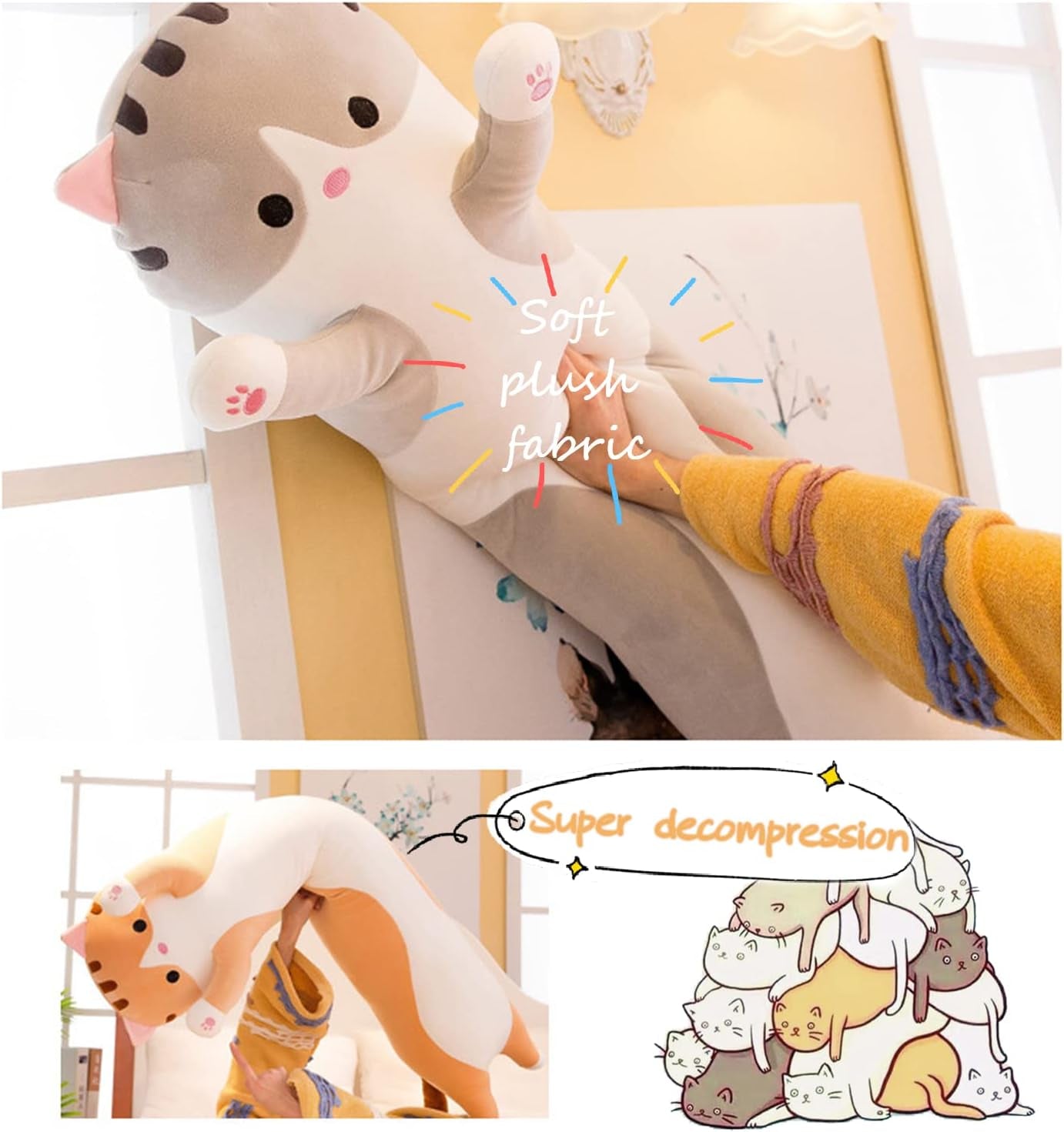 Soft Cat Plush Pillow Long Stuffed Animals Sleeping Pillow Cotton Kitten Pillow Cute Long Body Pillow Gift for Kids Girlfriend (27.6Inch/70Cm,Yellow)