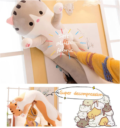 Soft Cat Plush Pillow Long Stuffed Animals Sleeping Pillow Cotton Kitten Pillow Cute Long Body Pillow Gift for Kids Girlfriend (27.6Inch/70Cm,Yellow)