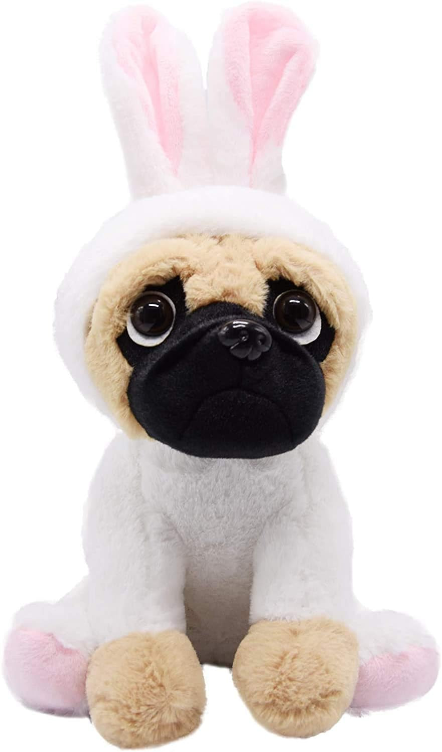 Pug Dog Stuffed Animal in White Bunny Rabbit Costume Adorable Plushies Pug Wearing Bunny Rabbit Outfit Plush Toys as Great Gift for Kids Stuffed Puppy Animals 12 Inch