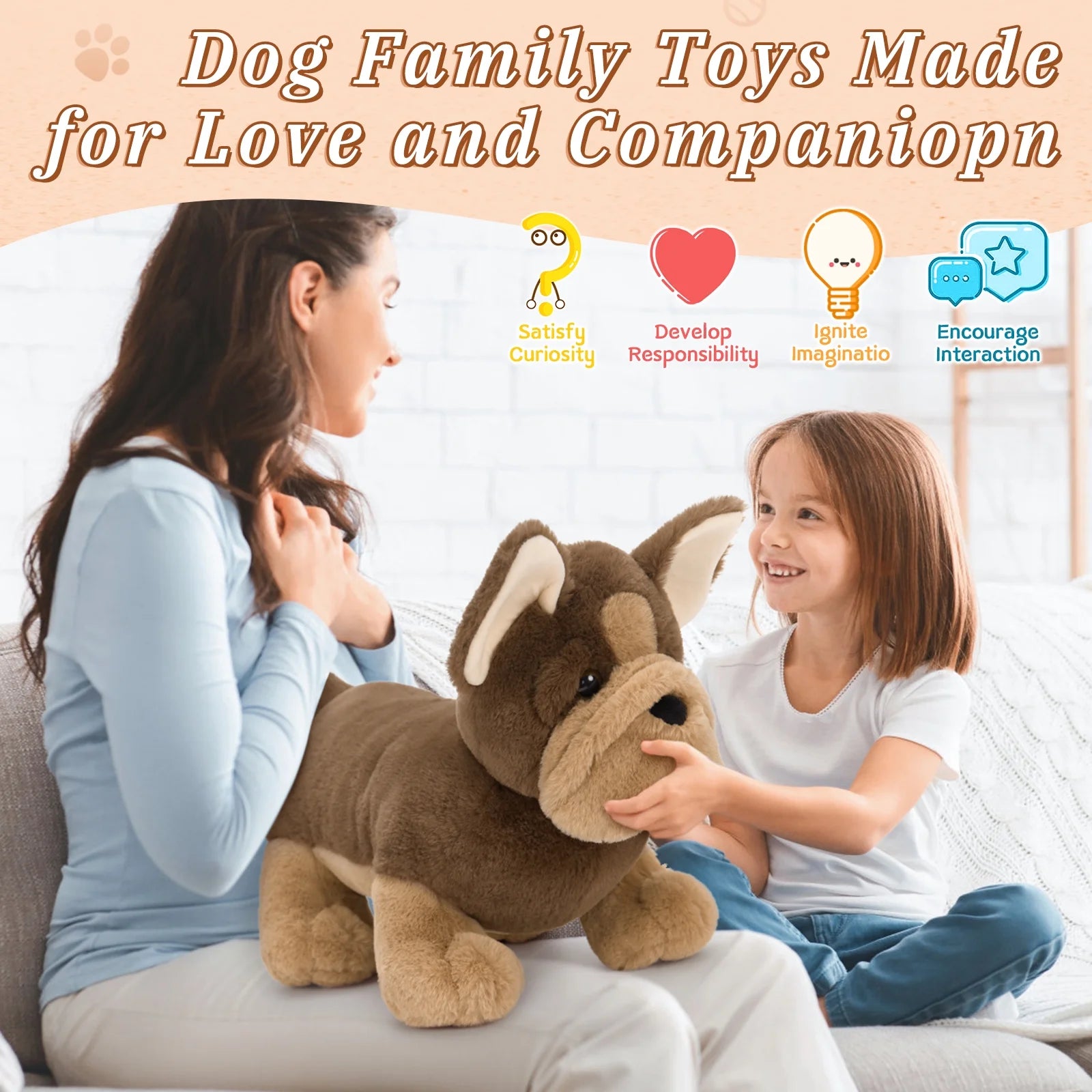 18" Bulldog Stuffed Animal Mommy Dog with 3 Baby Plush Toys