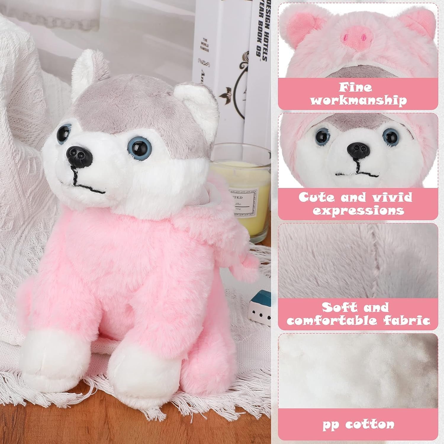 Stuffed Animals Cuddly Husky Puppy Toys for Teens Soft Plush Pug Stuffed Pug Stuffed Animal Puppy with Cute Costumes for Youth Birthday Party Supplies (Pig Style)