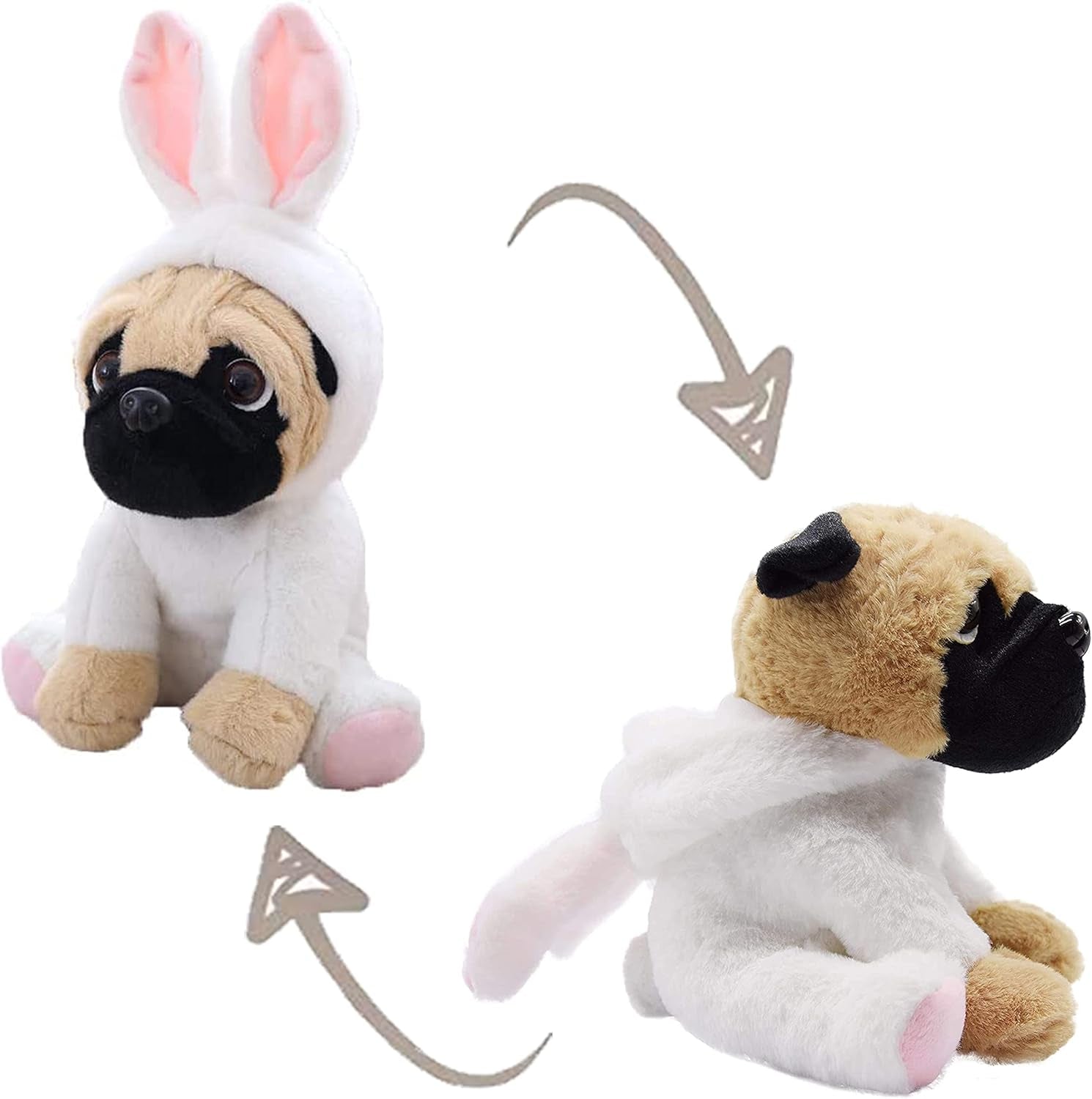 Pug Dog Stuffed Animal in White Bunny Rabbit Costume Adorable Plushies Pug Wearing Bunny Rabbit Outfit Plush Toys as Great Gift for Kids Stuffed Puppy Animals 12 Inch