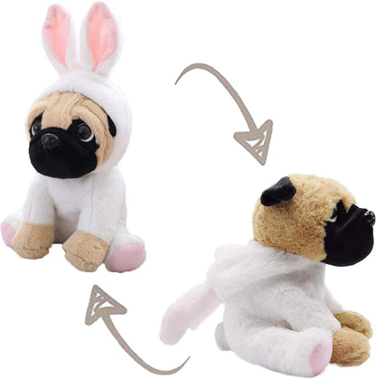 Pug Dog Stuffed Animal in White Bunny Rabbit Costume Adorable Plushies Pug Wearing Bunny Rabbit Outfit Plush Toys as Great Gift for Kids Stuffed Puppy Animals 12 Inch