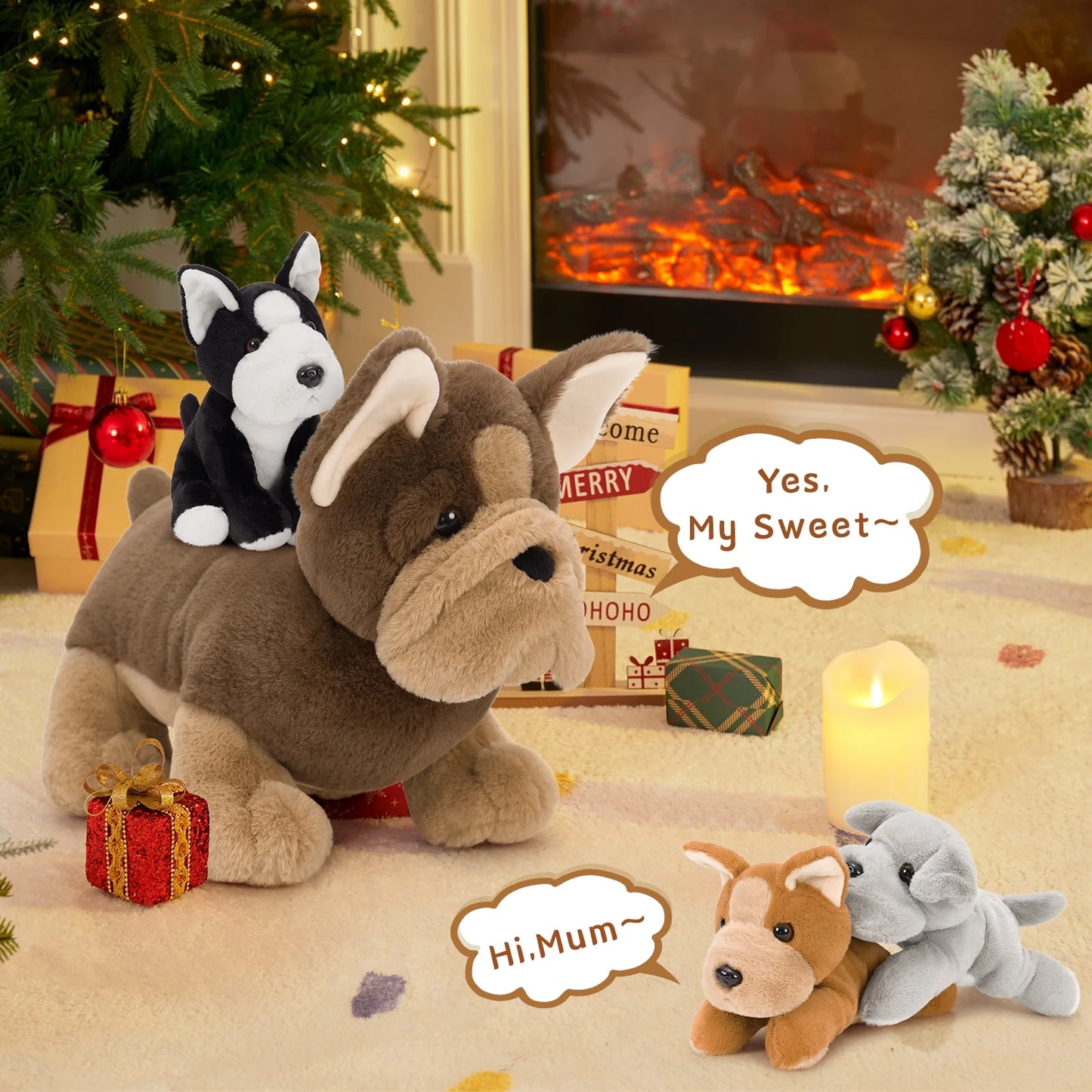 18" Bulldog Stuffed Animal Mommy Dog with 3 Baby Plush Toys